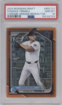 Fenwick Trimble from the 2024 Bowman Draft set featuring a Orange Refractor parallel graded by PSA and given an overall grade of 10.