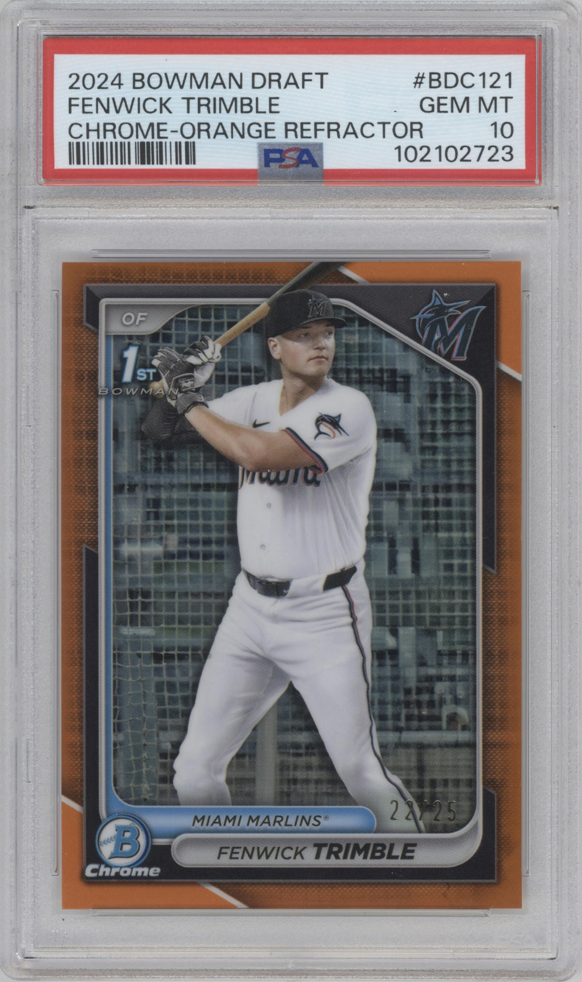 Fenwick Trimble from the 2024 Bowman Draft set featuring a Orange Refractor parallel graded by PSA and given an overall grade of 10.