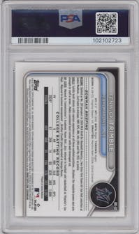 Fenwick Trimble from the 2024 Bowman Draft set featuring a Orange Refractor parallel graded by PSA and given an overall grade of 10.