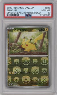 Pikachu from the 2023 Pokemon SV JPN set featuring a Master Ball parallel graded by PSA and given an overall grade of 10.