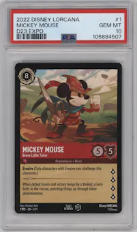 Mickey Mouse from the 2022 Disney Lorcana set graded by PSA and given an overall grade of 10.