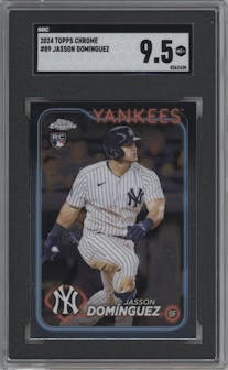 Jasson Dominguez from the 2024 Topps Chrome set graded by SGC and given an overall grade of 9.5.