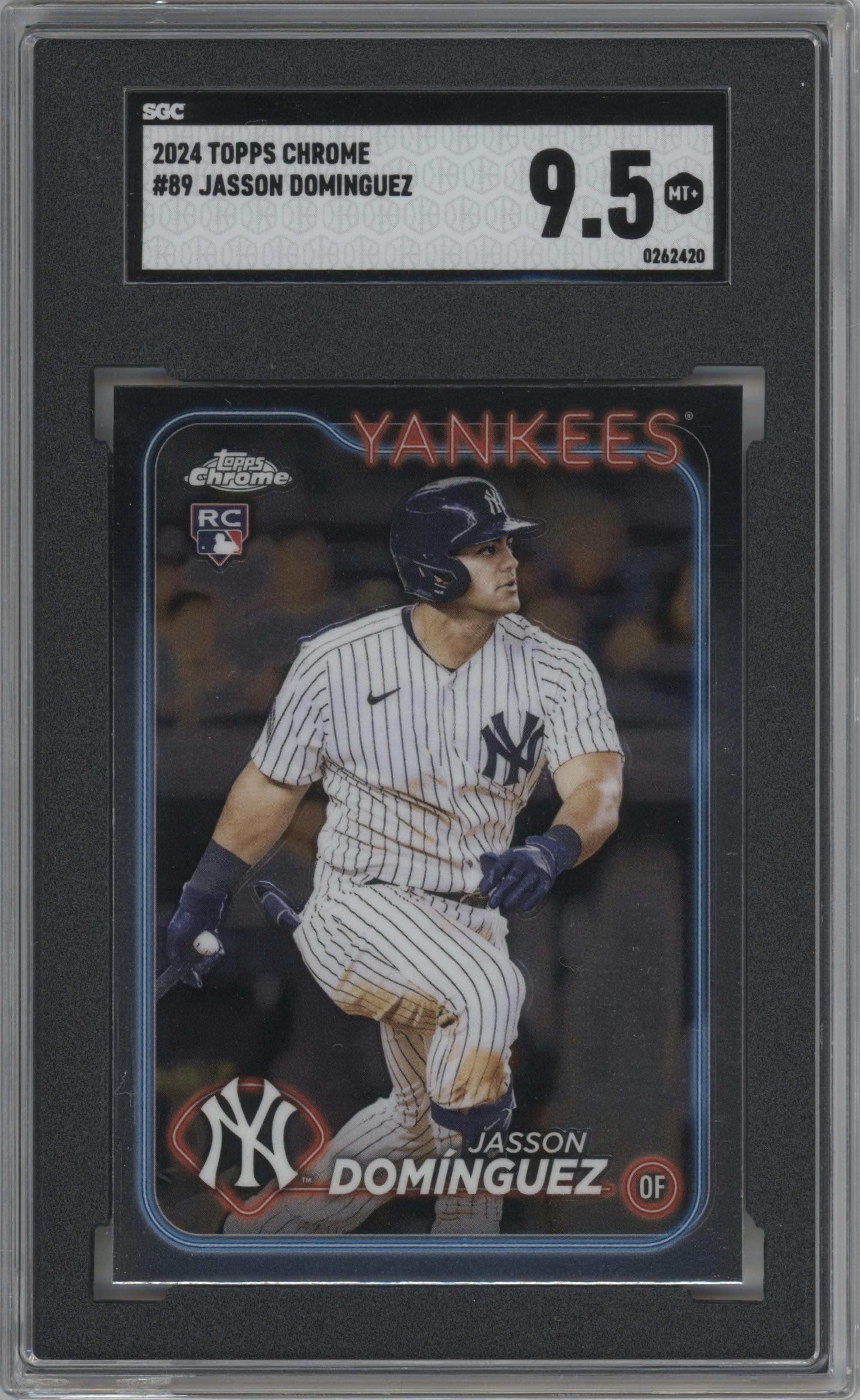 Jasson Dominguez from the 2024 Topps Chrome set graded by SGC and given an overall grade of 9.5.