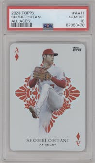 Shohei Ohtani from the 2023 Topps set graded by PSA and given an overall grade of 10.