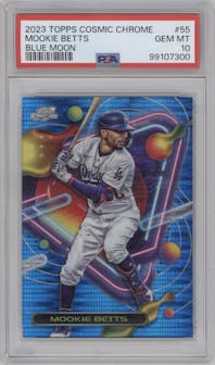 Mookie Betts from the 2023 Topps Cosmic Chrome set featuring a Blue Moon Refractor parallel graded by PSA and given an overall grade of 10.
