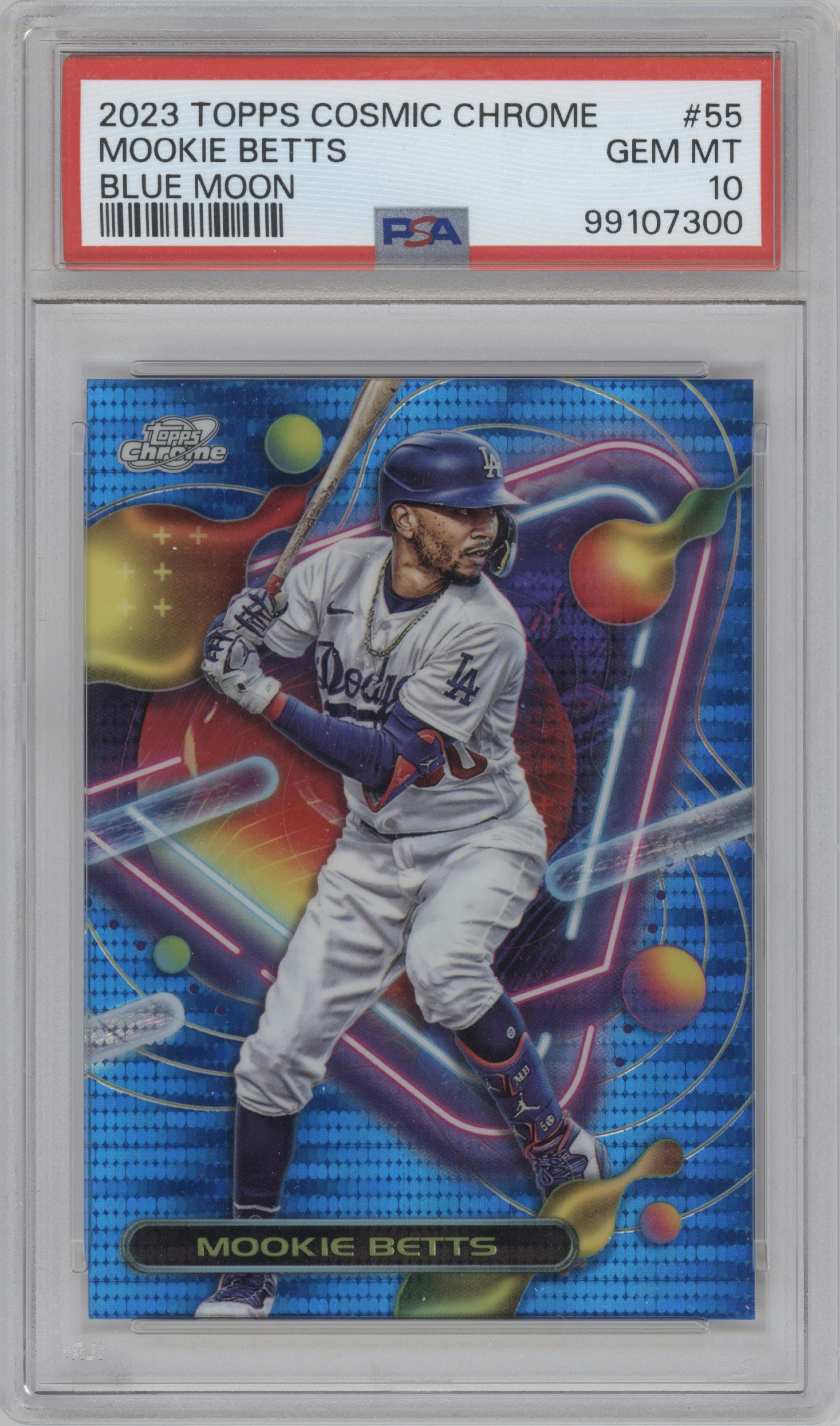 Mookie Betts from the 2023 Topps Cosmic Chrome set featuring a Blue Moon Refractor parallel graded by PSA and given an overall grade of 10.