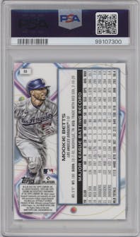 Mookie Betts from the 2023 Topps Cosmic Chrome set featuring a Blue Moon Refractor parallel graded by PSA and given an overall grade of 10.