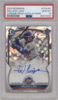 William Lugo from the 2023 Bowman  set featuring a Atomic Refractor  parallel graded by PSA and given an overall grade of 10.