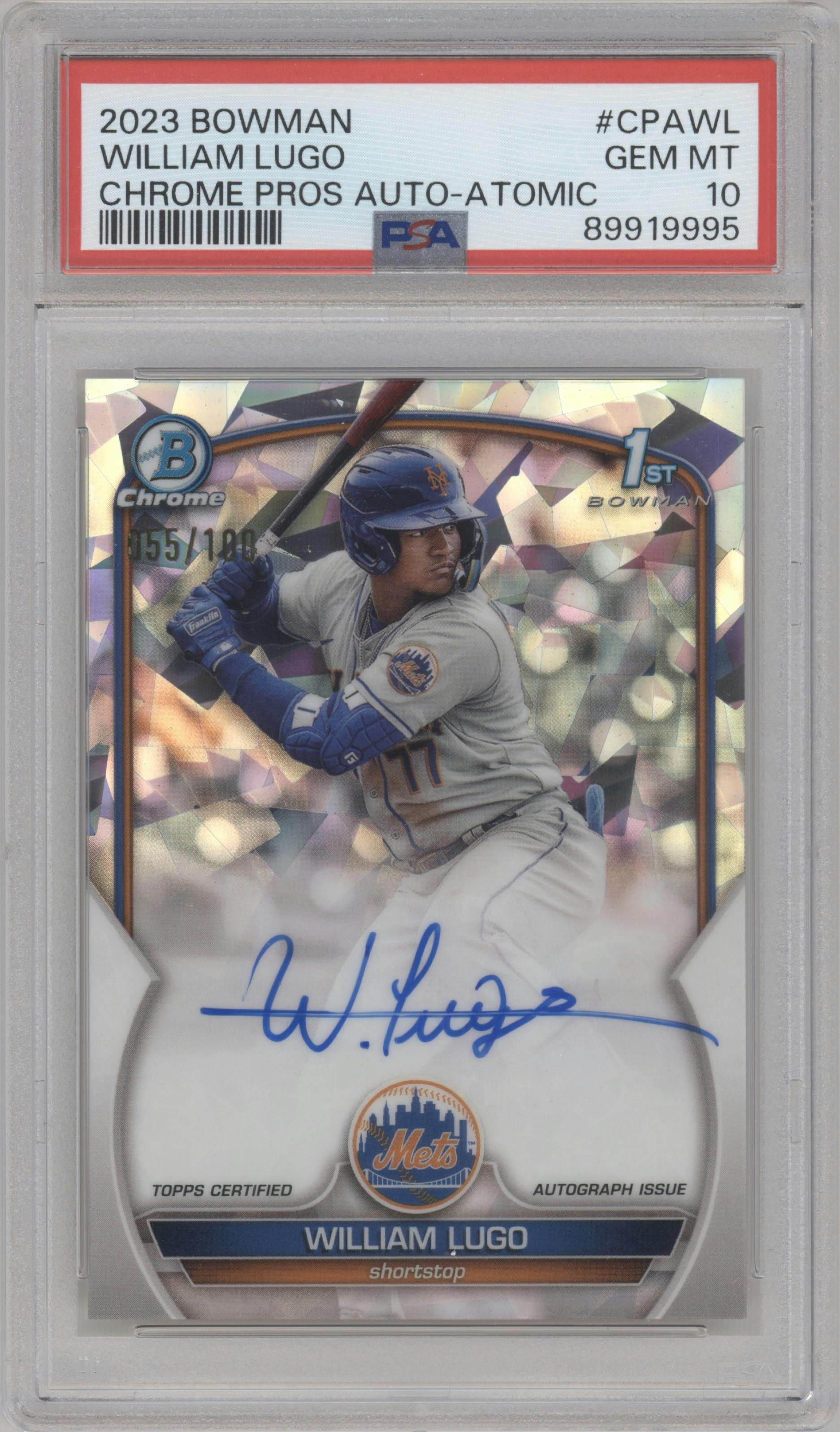 William Lugo from the 2023 Bowman  set featuring a Atomic Refractor  parallel graded by PSA and given an overall grade of 10.