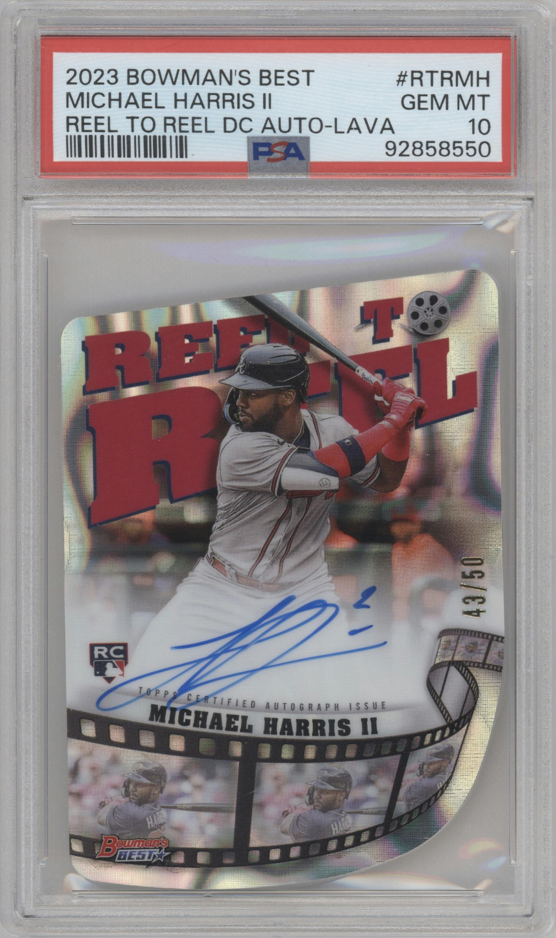 Michael Harris II from the 2023 Bowman's Best set featuring a Lava Refractor parallel graded by PSA and given an overall grade of 10.