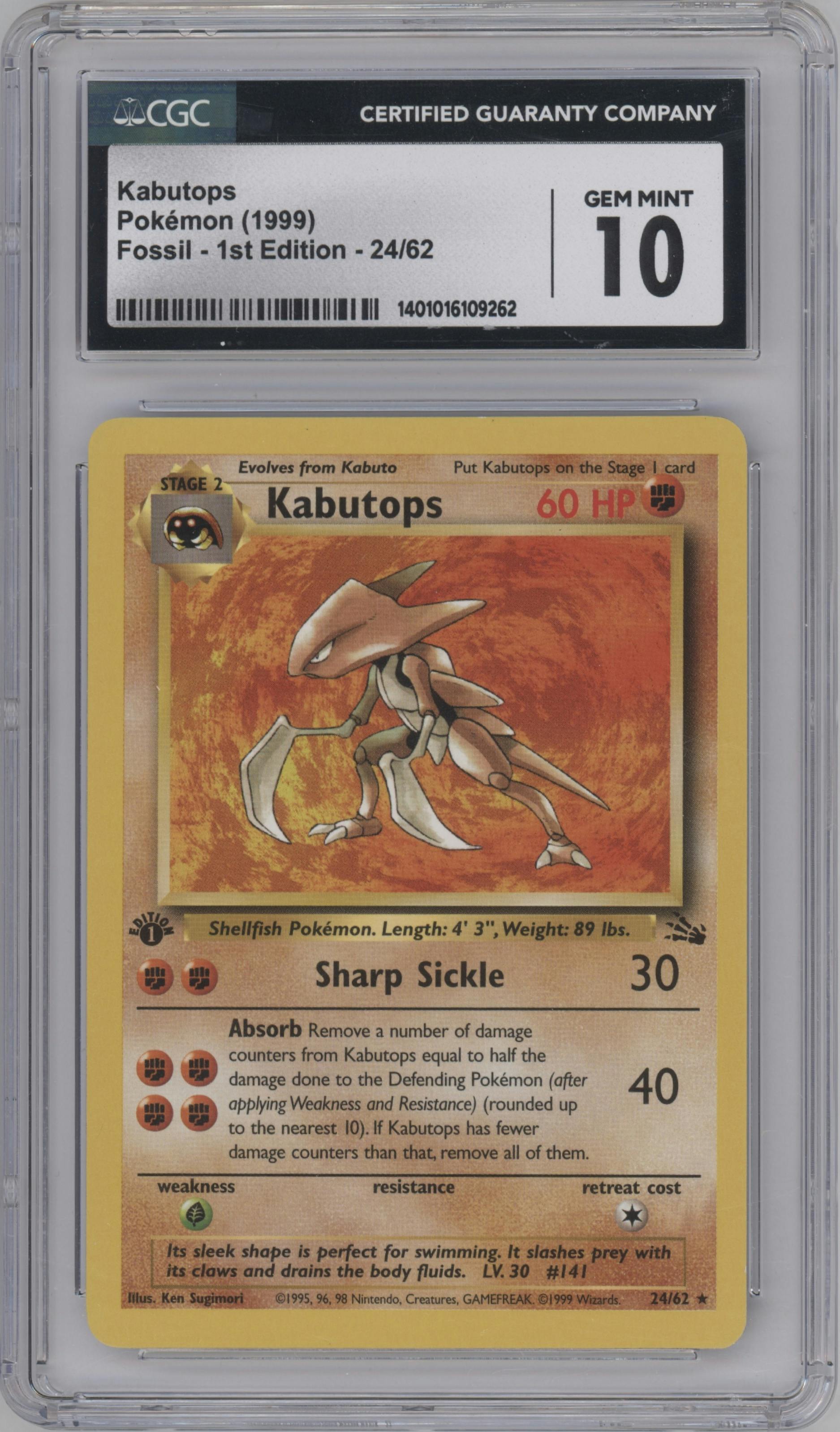 Kabutops from the 1999 Pokemon set graded by CSG and given an overall grade of 10.
