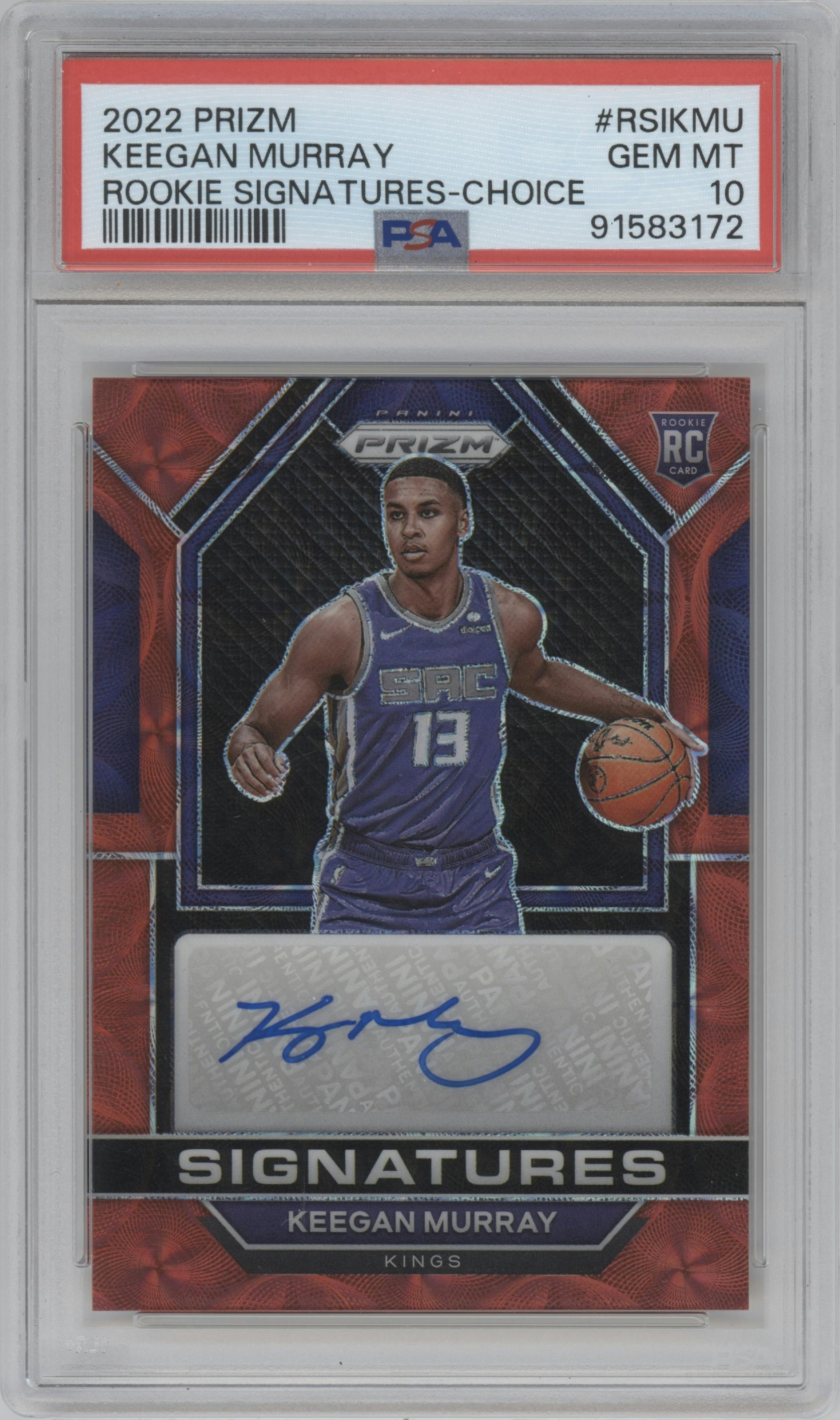 Keegan Murray from the 2022-23 Panini Prizm  set featuring a Choice parallel graded by PSA and given an overall grade of 10.