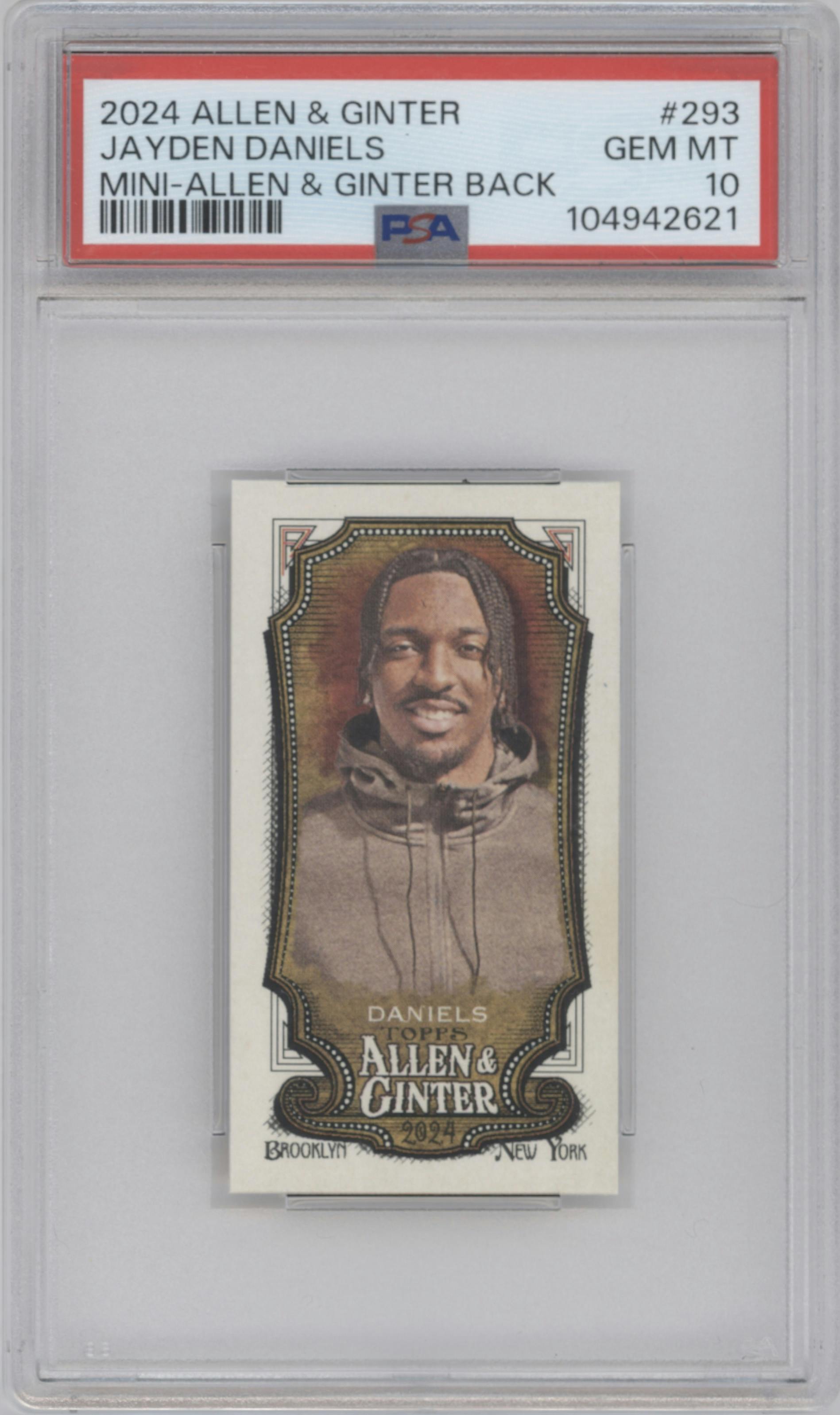 Jayden Daniels from the 2024 Topps Allen & Ginter set featuring a Allen & Ginter Back parallel graded by PSA and given an overall grade of 10.