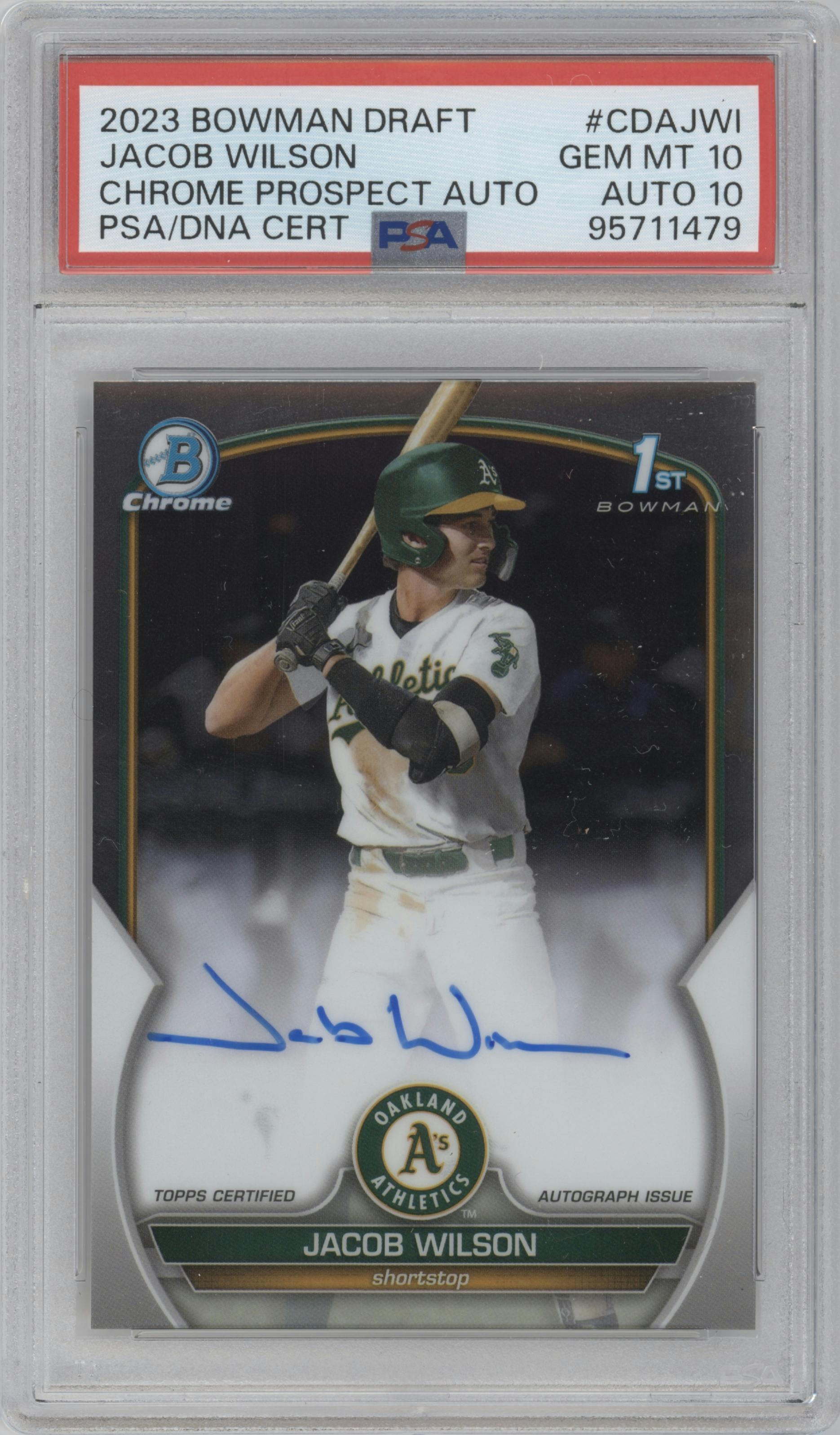 Jacob Wilson from the 2023 Bowman Draft set graded by PSA and given an overall grade of 10.