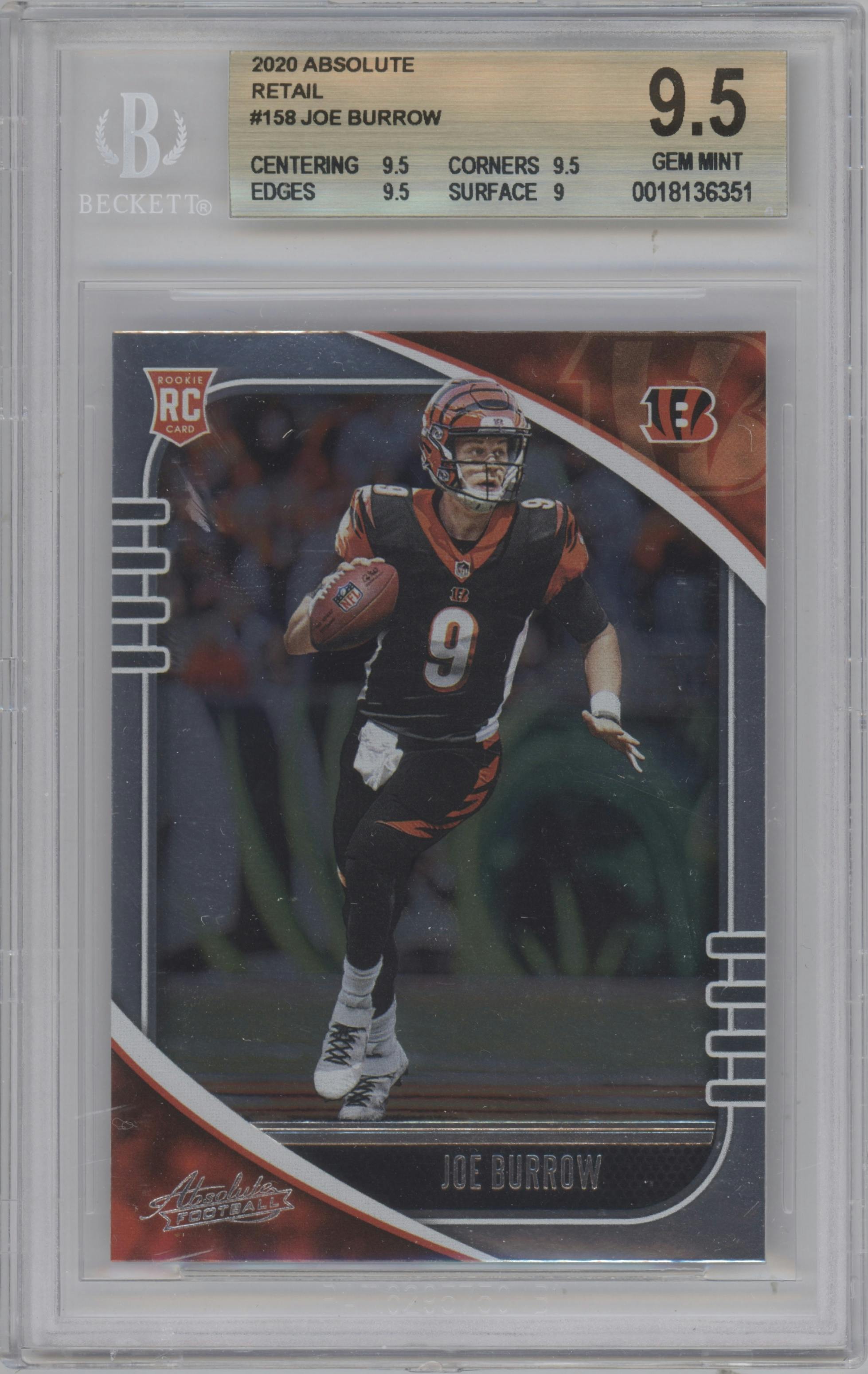 Joe Burrow from the 2020 Panini Absolute set featuring a Retail parallel graded by Beckett and given an overall grade of 9.5.