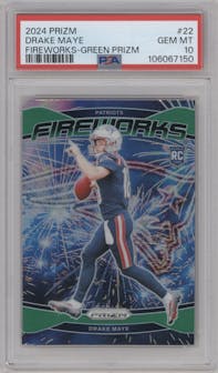 Drake Maye from the 2024 Panini Prizm set featuring a Green Prizm parallel graded by PSA and given an overall grade of 10.