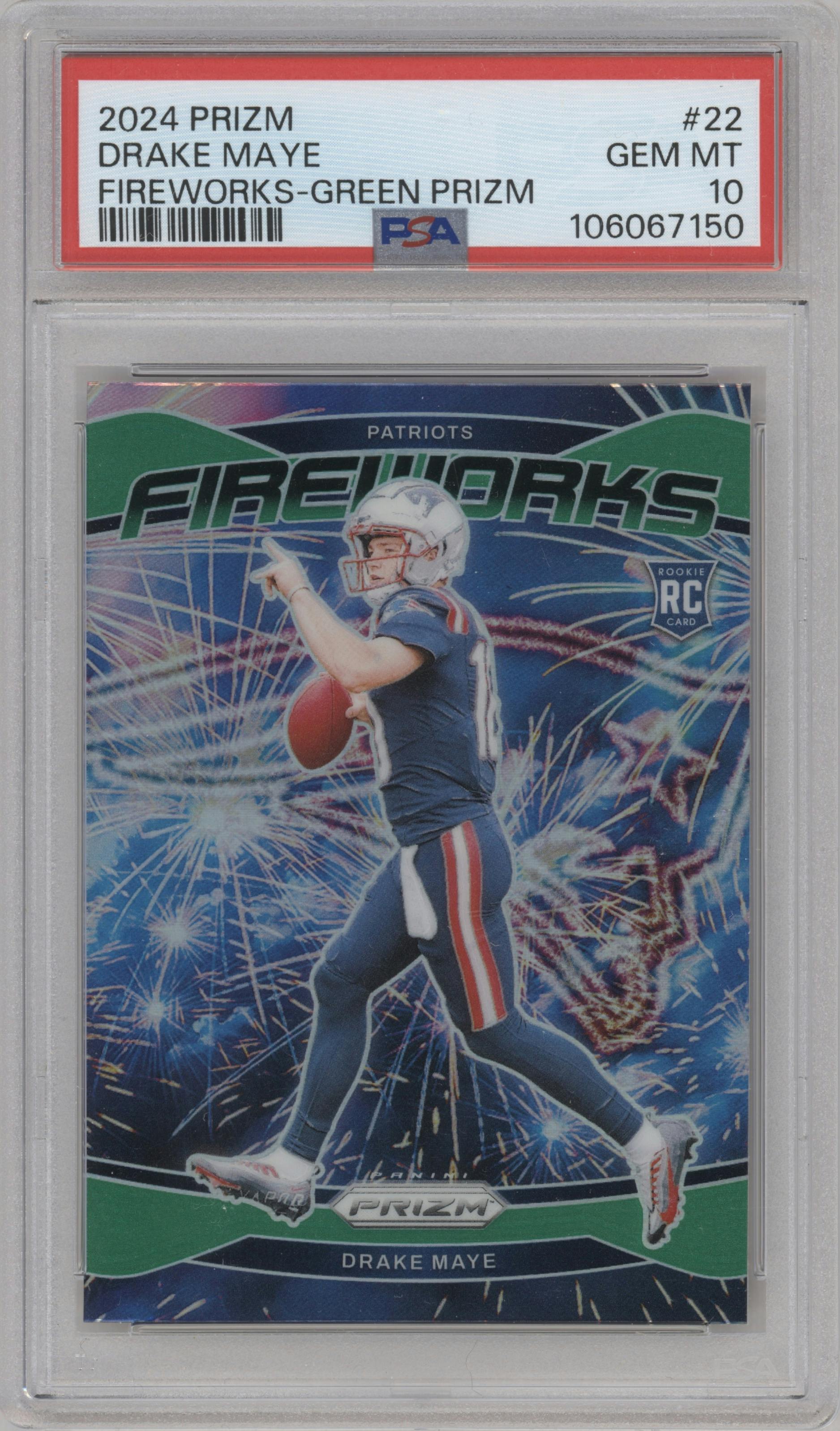 Drake Maye from the 2024 Panini Prizm set featuring a Green Prizm parallel graded by PSA and given an overall grade of 10.