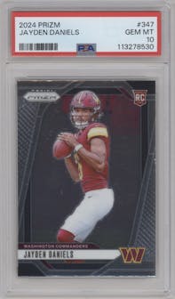 Jayden Daniels from the 2024 Panini Prizm set graded by PSA and given an overall grade of 10.