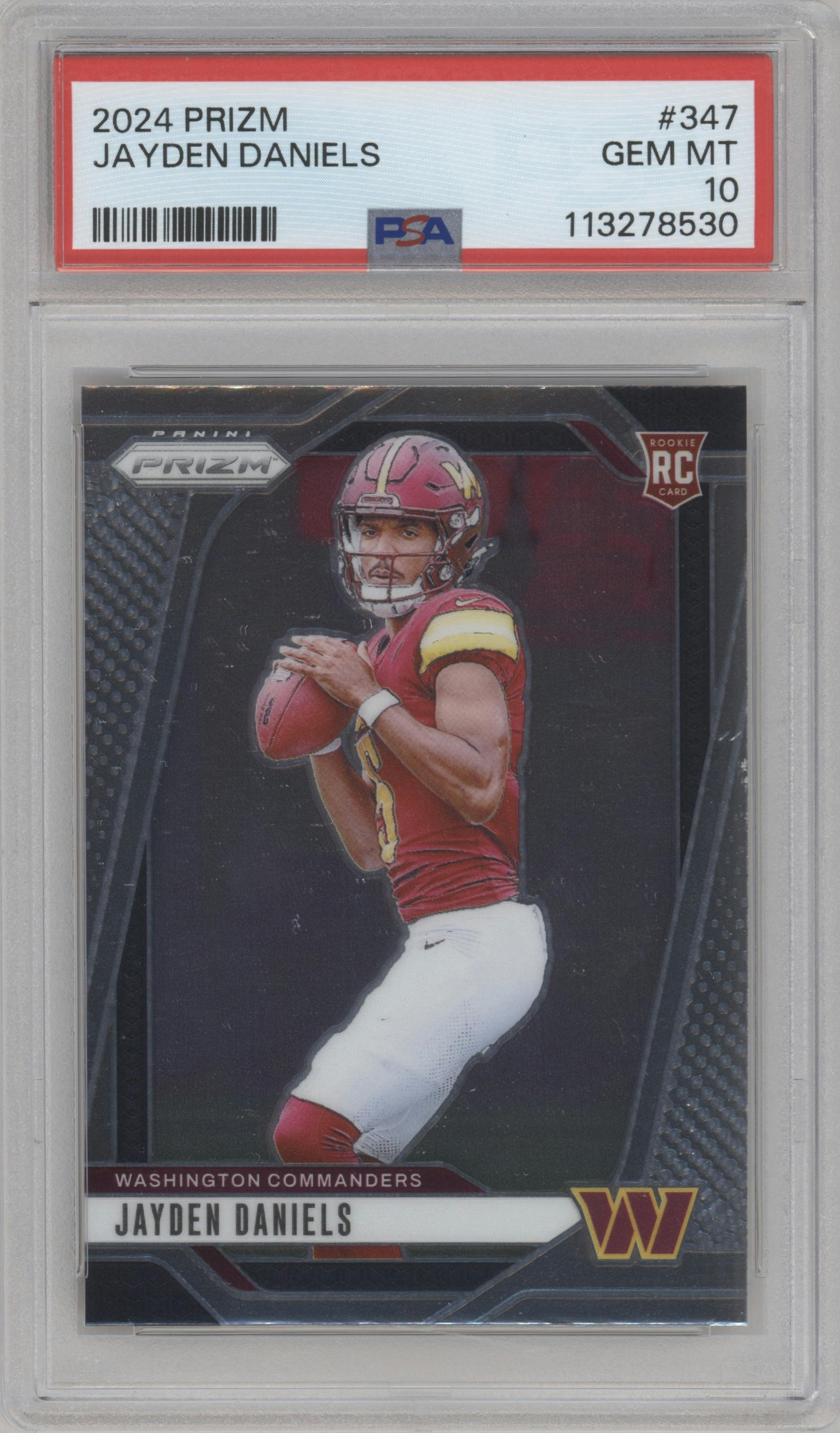 Jayden Daniels from the 2024 Panini Prizm set graded by PSA and given an overall grade of 10.