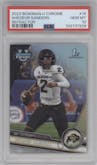 Shedeur Sanders from the 2023 Bowman Chrome University set featuring a Refractor parallel graded by PSA and given an overall grade of 10.