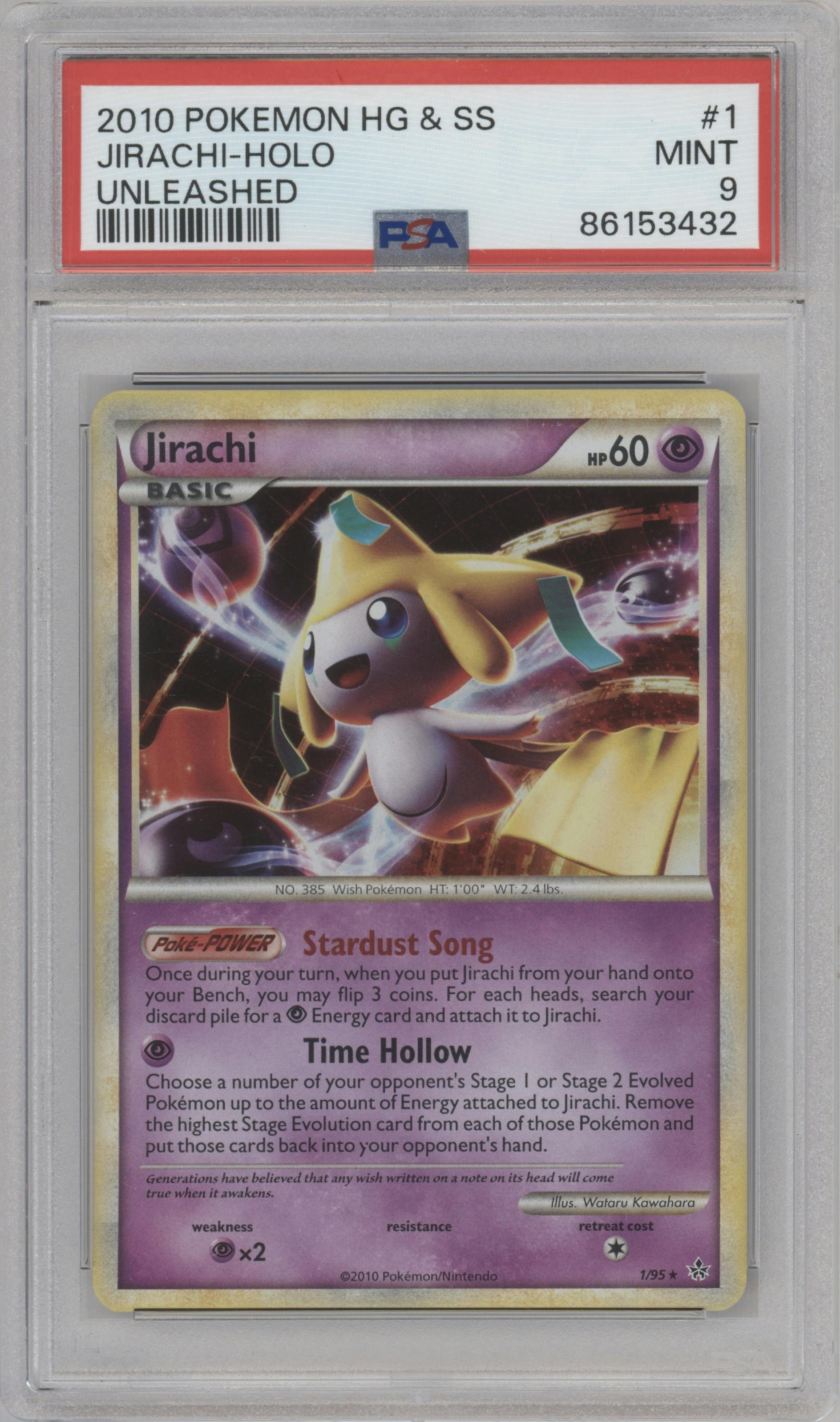 Jirachi from the 2010 Pokemon HG & SS set graded by PSA and given an overall grade of 9.