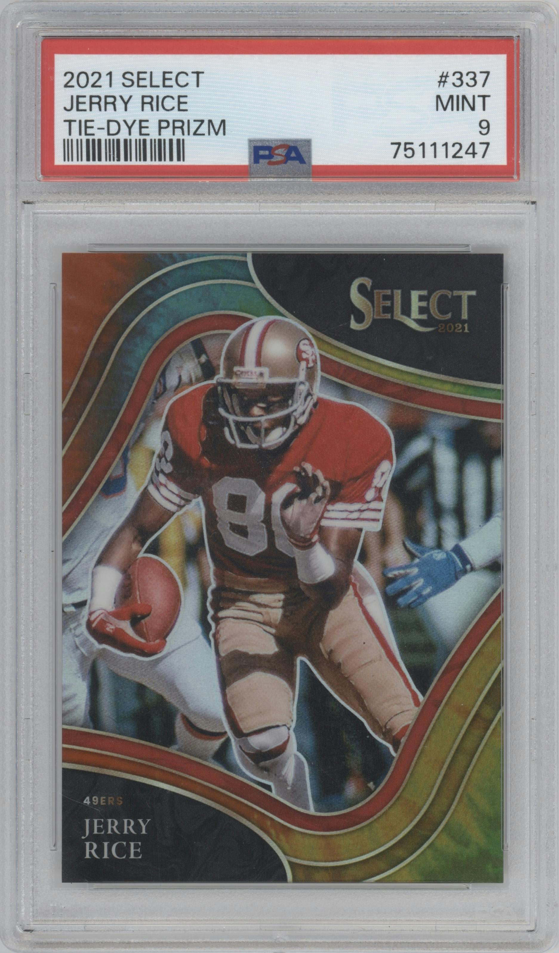 Jerry Rice from the 2021 Panini Select set featuring a Tie-Dye parallel graded by PSA and given an overall grade of 9.