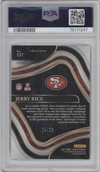 Jerry Rice from the 2021 Panini Select set featuring a Tie-Dye parallel graded by PSA and given an overall grade of 9.