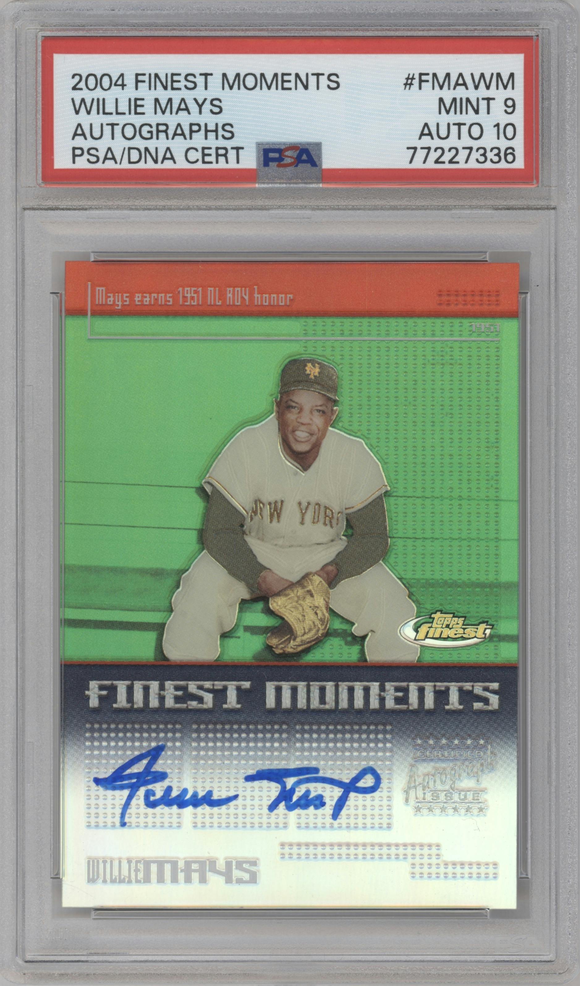 Willie Mays from the 2004 Topps Finest set graded by PSA and given an overall grade of 9.