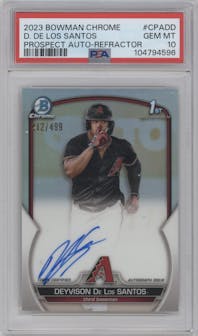 Deyvison De Los Santos from the 2023 Bowman Chrome set featuring a Refractor parallel graded by PSA and given an overall grade of 10.