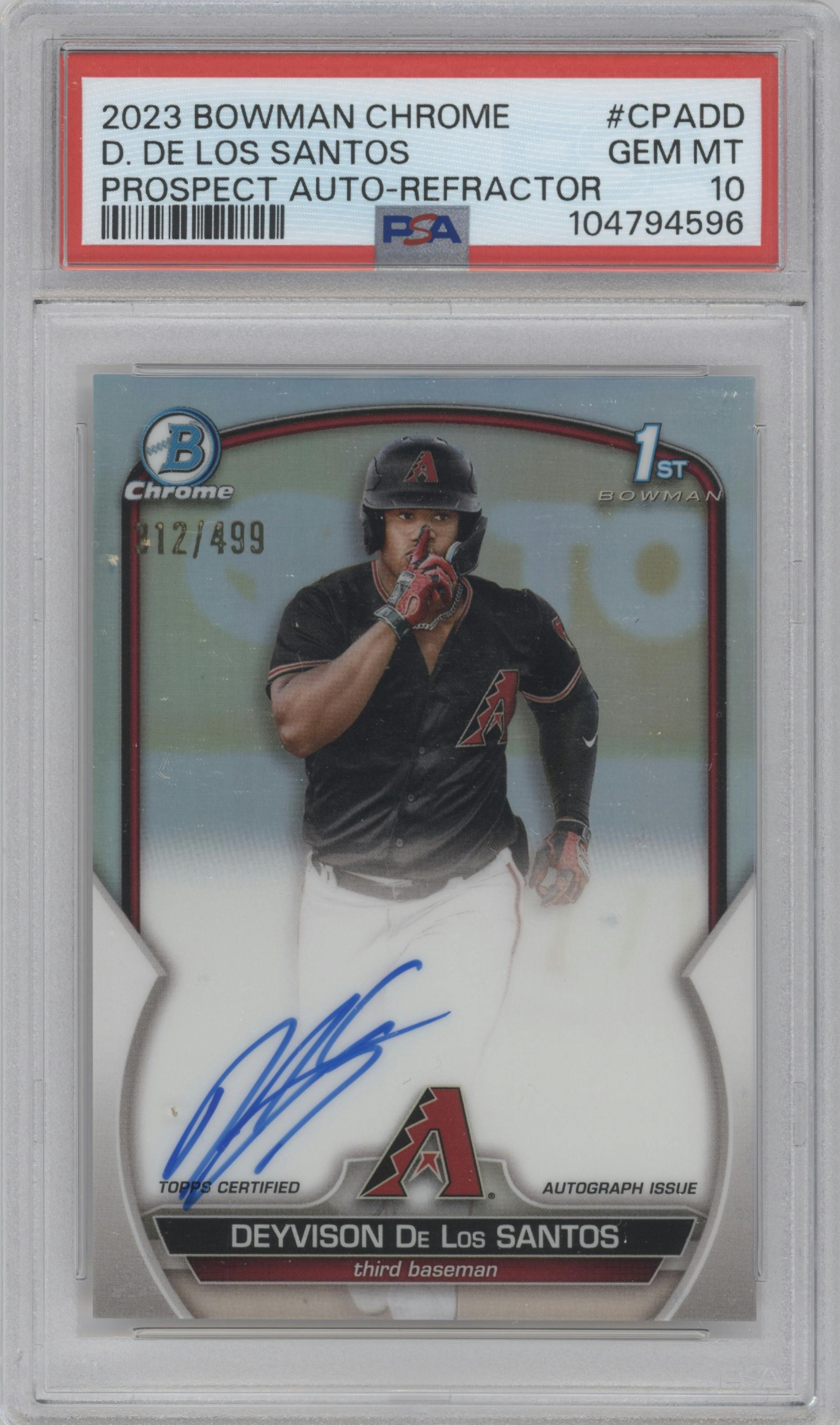 Deyvison De Los Santos from the 2023 Bowman Chrome set featuring a Refractor parallel graded by PSA and given an overall grade of 10.