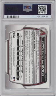 Deyvison De Los Santos from the 2023 Bowman Chrome set featuring a Refractor parallel graded by PSA and given an overall grade of 10.
