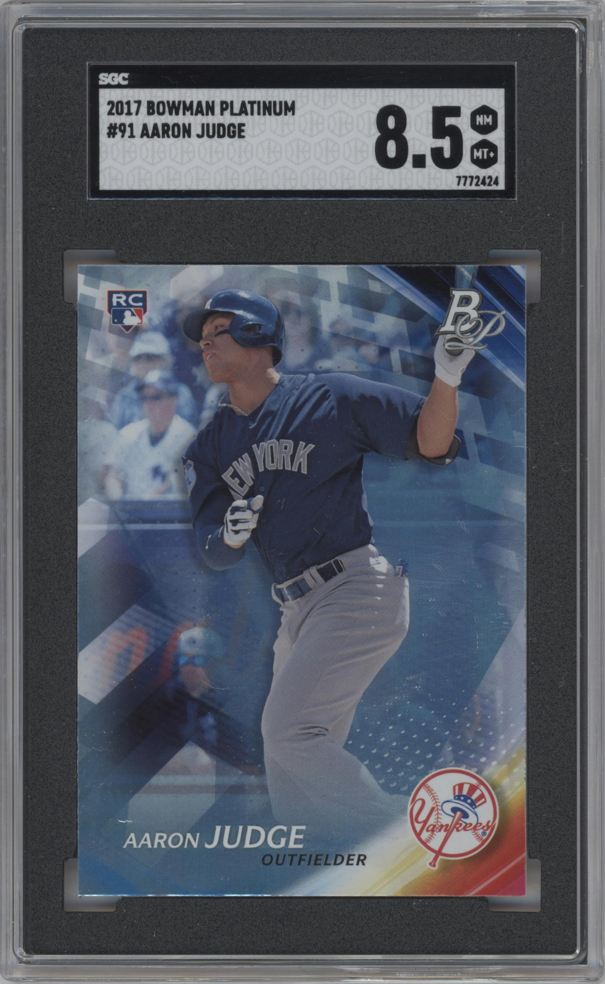 Aaron Judge from the 2017 Bowman Platinum set graded by SGC and given an overall grade of 8.5.