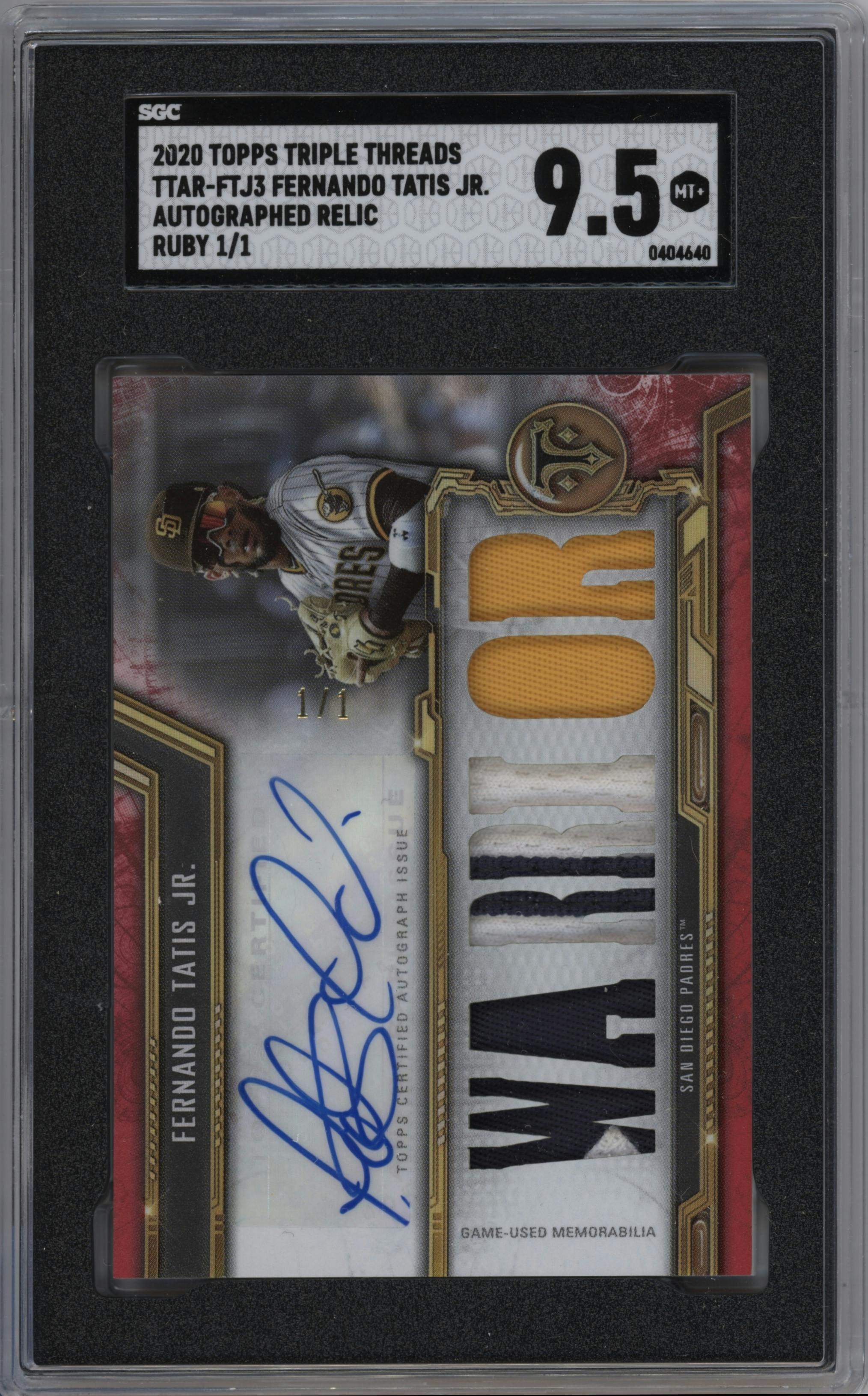 Fernando Tatis Jr. from the 2020 Topps Triple Threads set featuring a Ruby parallel graded by SGC and given an overall grade of 9.5.