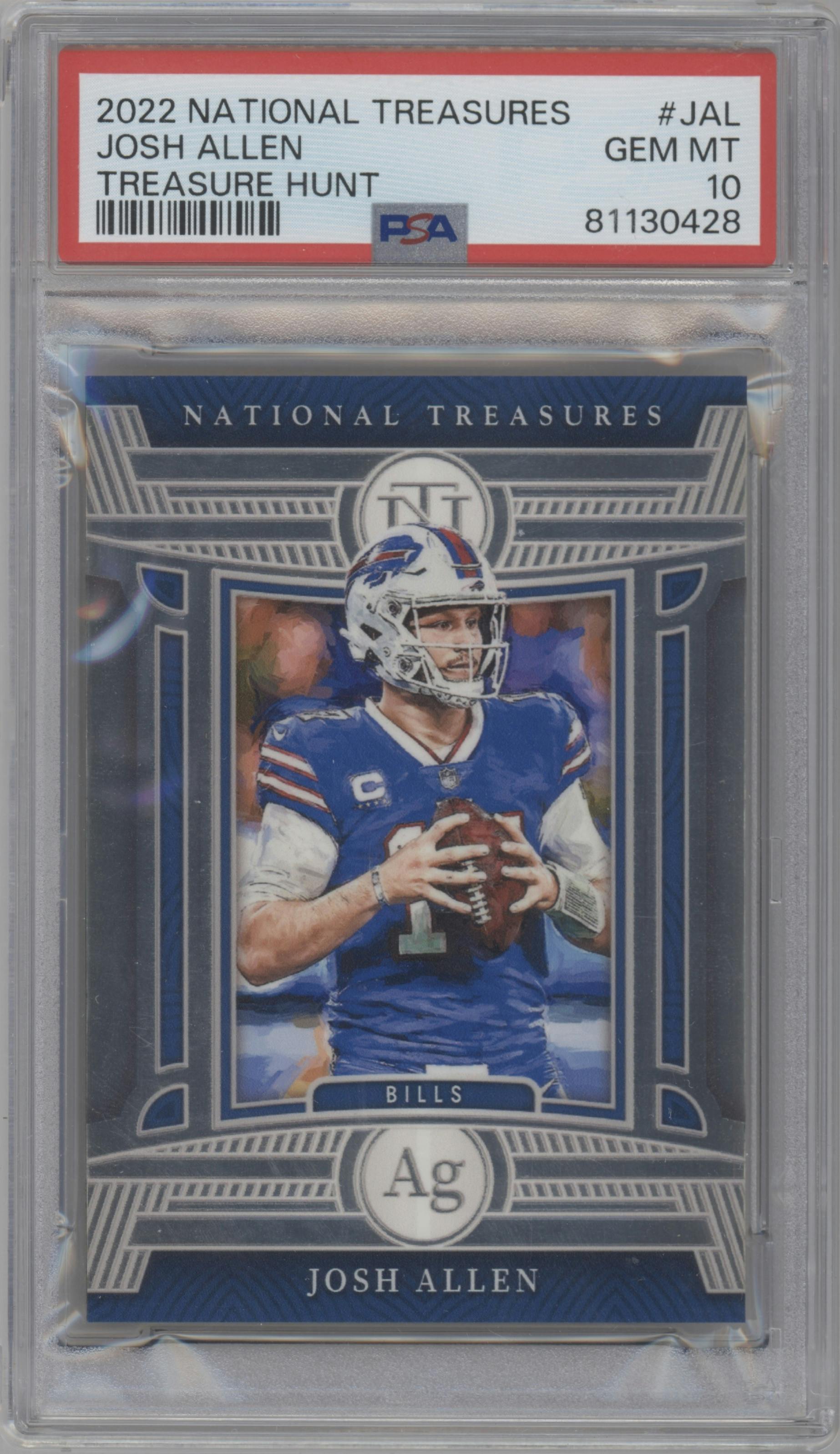 Josh Allen from the 2022 Panini National Treasures set featuring a Silver parallel graded by PSA and given an overall grade of 10.