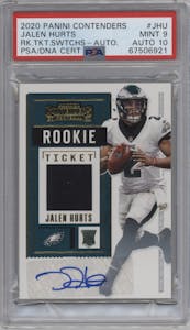 Jalen Hurts from the 2020 Panini Contenders set graded by PSA and given an overall grade of 9.