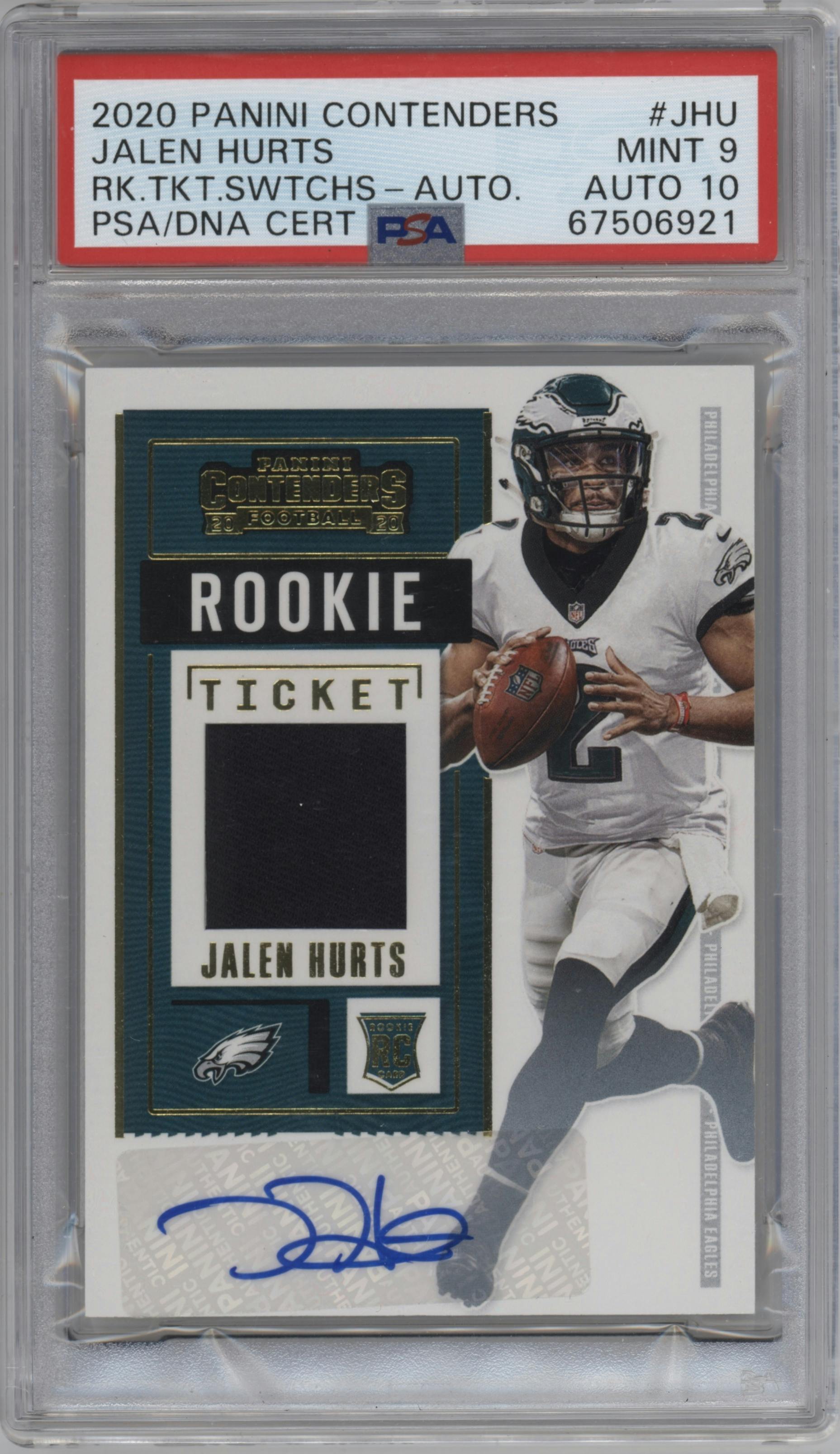 Jalen Hurts from the 2020 Panini Contenders set graded by PSA and given an overall grade of 9.