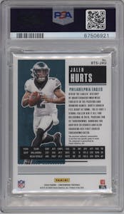 Jalen Hurts from the 2020 Panini Contenders set graded by PSA and given an overall grade of 9.