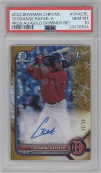 Ceddanne Rafaela from the 2022 Bowman Chrome set featuring a Gold Shimmer Refractor parallel graded by PSA and given an overall grade of 10.
