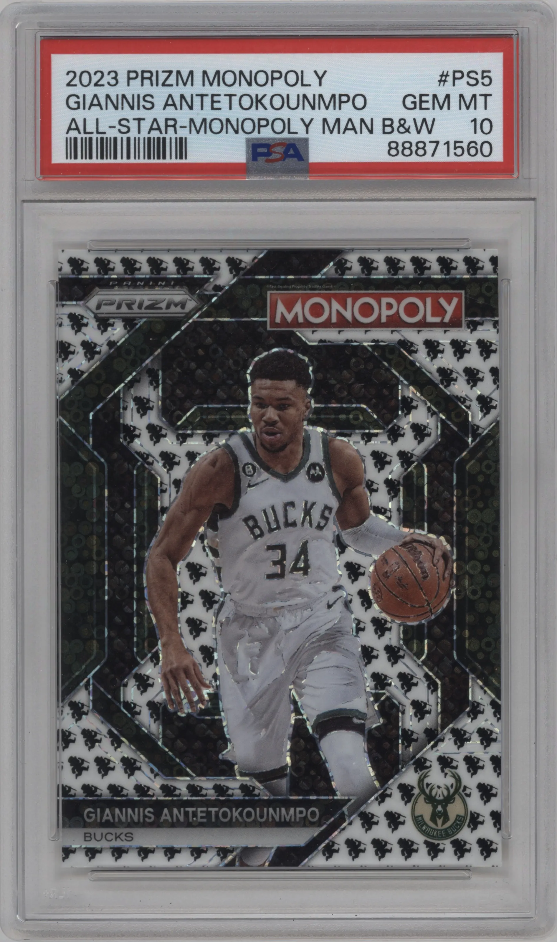 2023 Panini Prizm Monopoly All-Star Giannis Antetokounmpo Monopoly Man Black and White #PS5 PSA 10