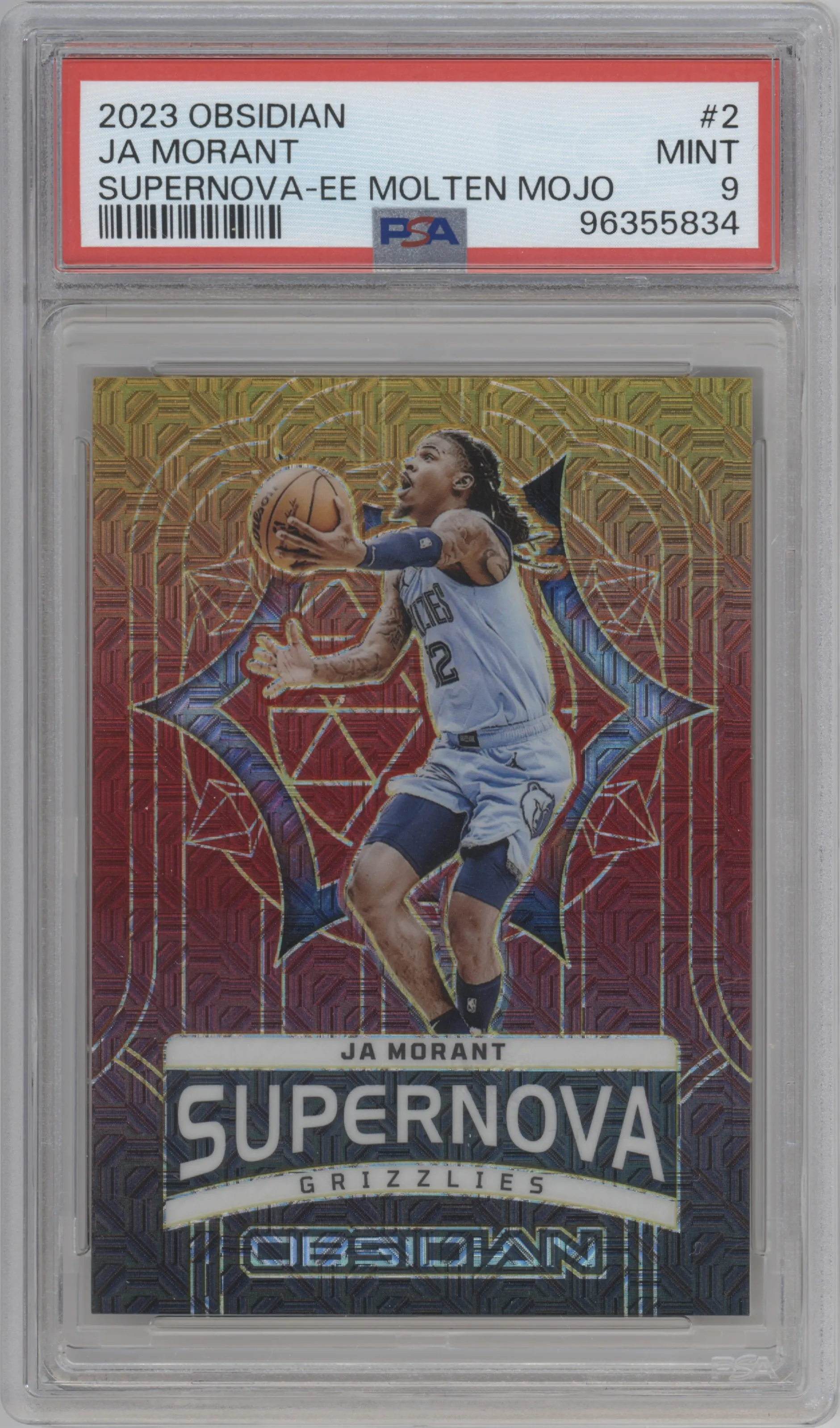 Ja Morant from the 2023-24 Panini Obsidian set featuring a Electric Etch Molten Mojo parallel graded by PSA and given an overall grade of 9.
