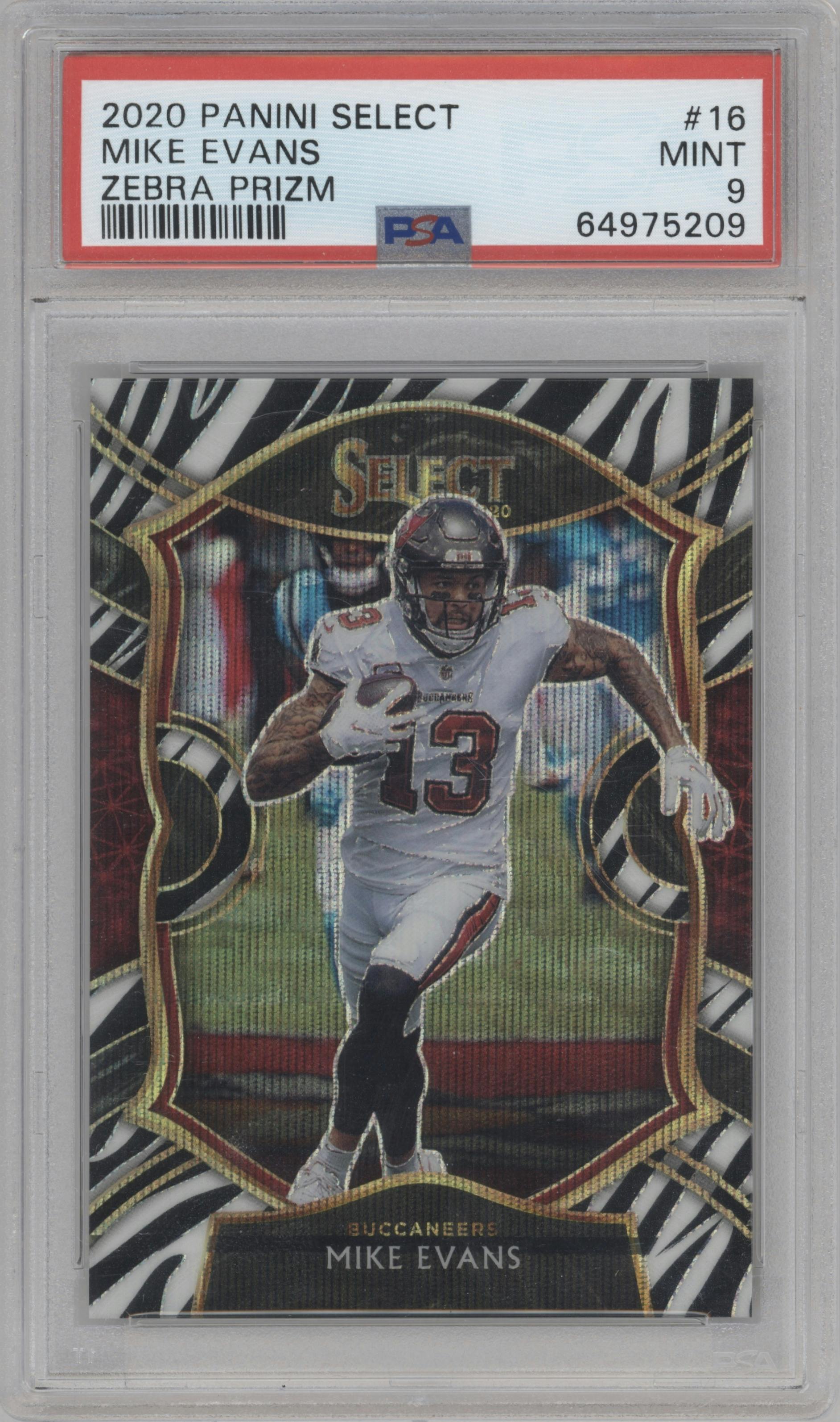 Mike Evans from the 2020 Panini Select set featuring a Zebra parallel graded by PSA and given an overall grade of 9.