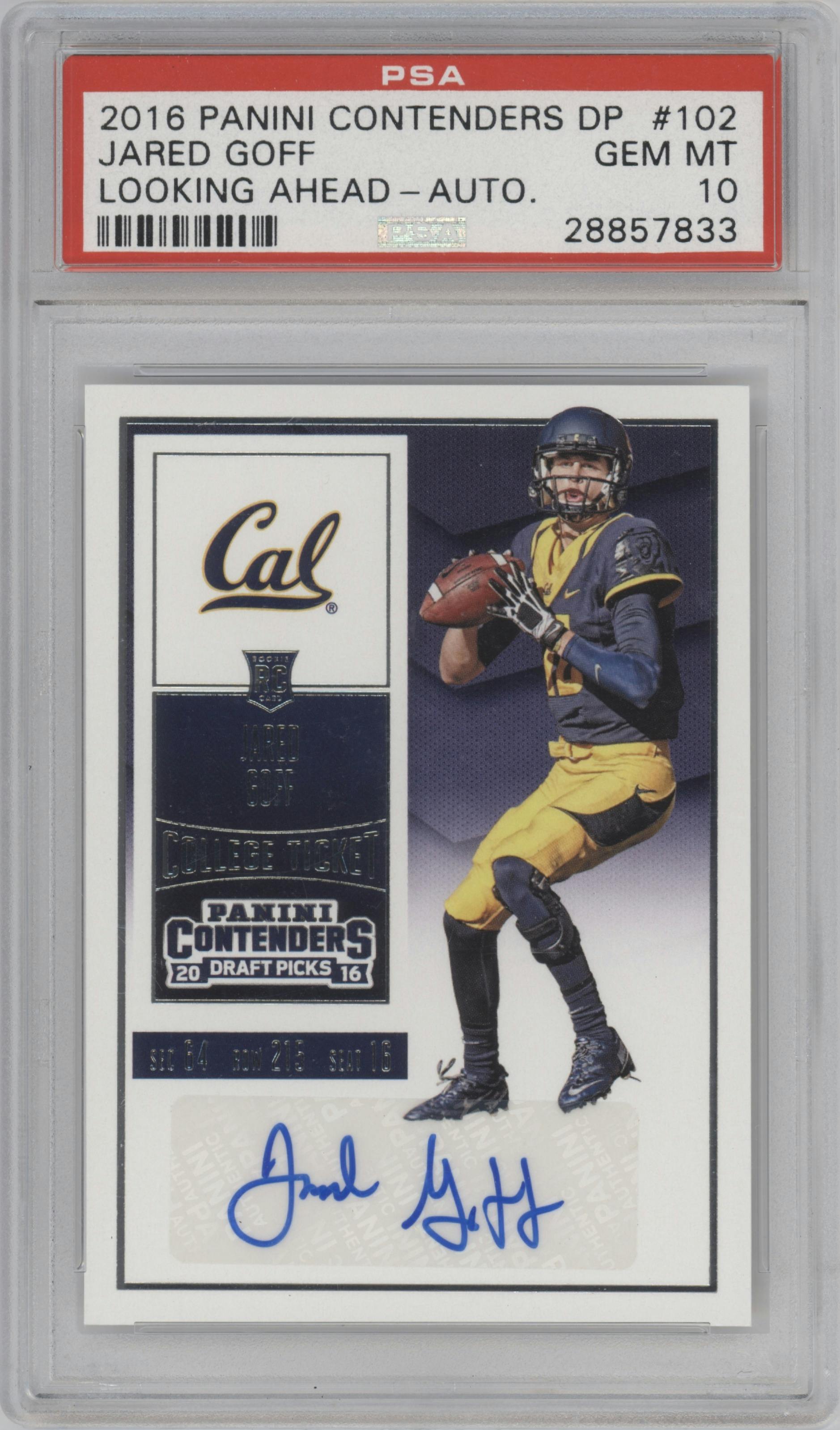 Jared Goff from the 2016 Panini Contenders Draft Picks set graded by PSA and given an overall grade of 10.