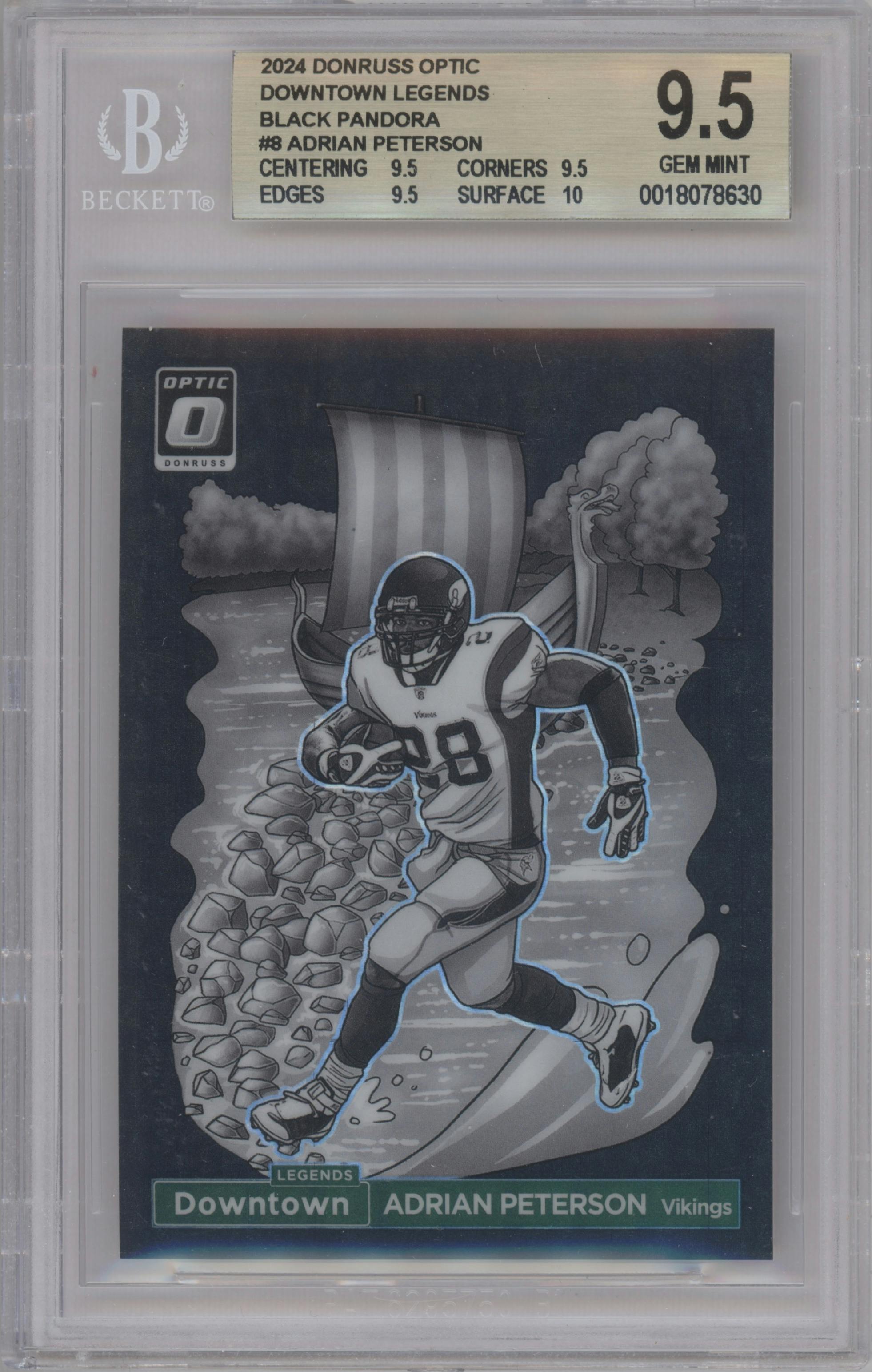 Adrian Peterson from the 2024 Donruss Optic set featuring a Black Pandora parallel graded by Beckett and given an overall grade of 9.5.