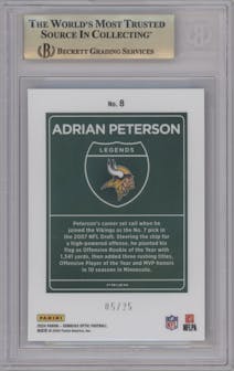 Adrian Peterson from the 2024 Donruss Optic set featuring a Black Pandora parallel graded by Beckett and given an overall grade of 9.5.