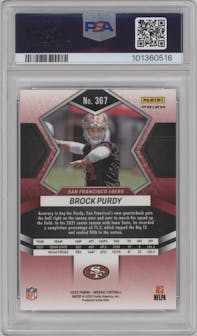 Brock Purdy from the 2022 Panini Mosaic set featuring a Reactive Orange parallel graded by PSA and given an overall grade of 10.