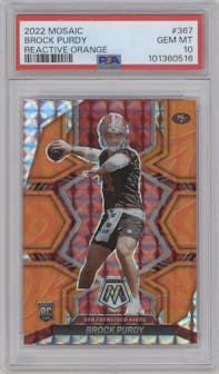 Brock Purdy from the 2022 Panini Mosaic set featuring a Reactive Orange parallel graded by PSA and given an overall grade of 10.