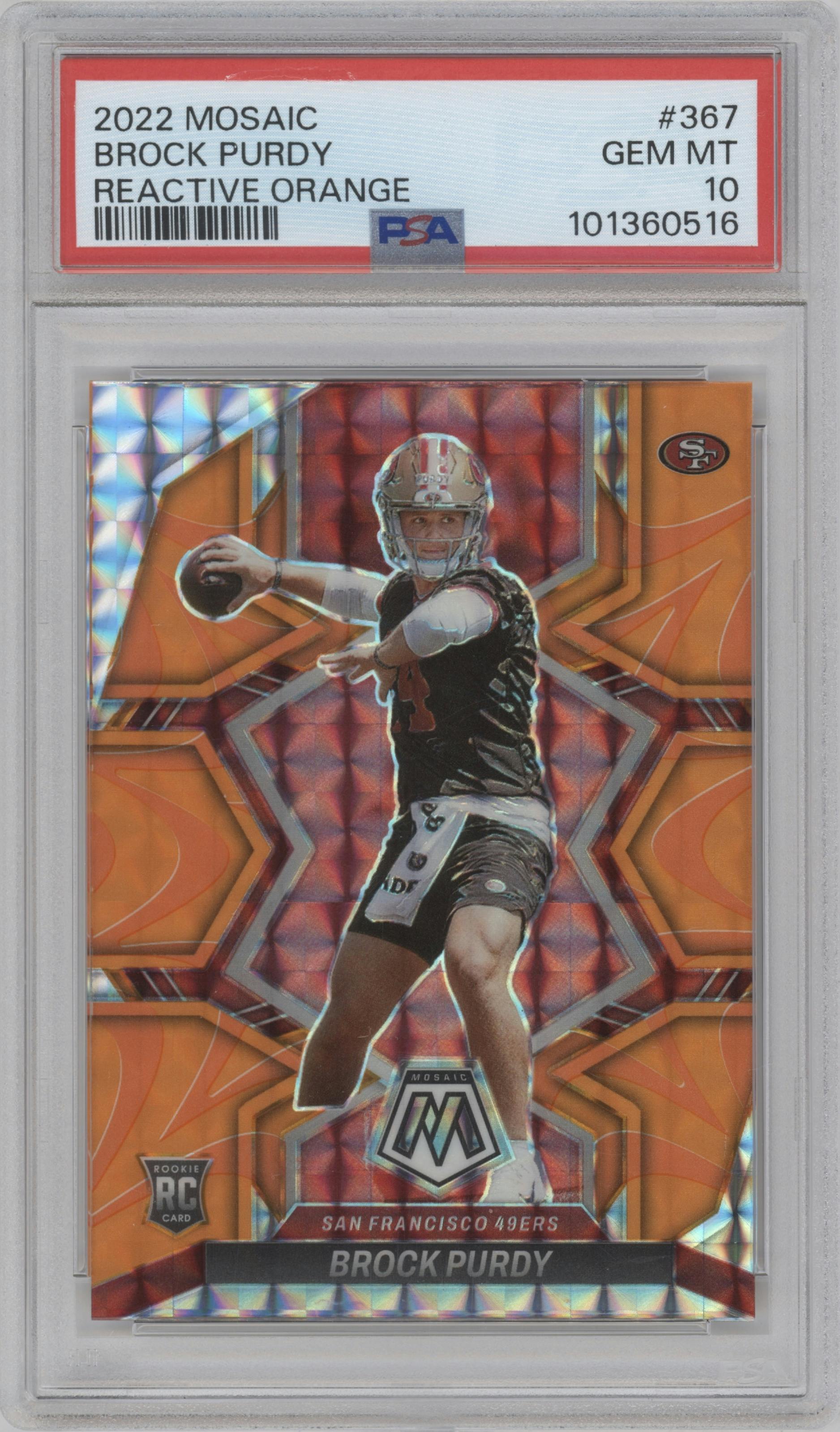 Brock Purdy from the 2022 Panini Mosaic set featuring a Reactive Orange parallel graded by PSA and given an overall grade of 10.
