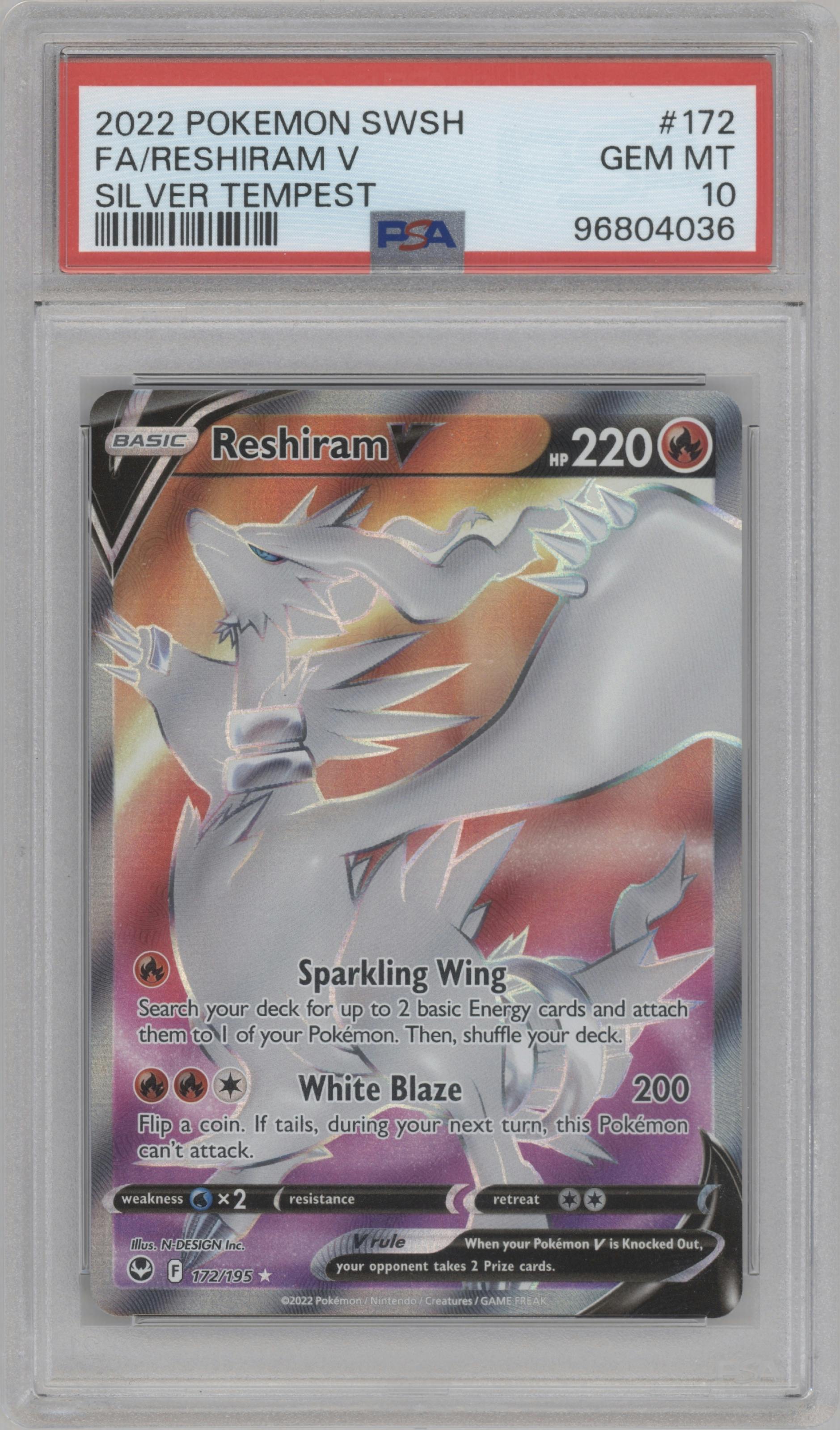 Reshiram V from the 2022 Pokemon SWSH set graded by PSA and given an overall grade of 10.