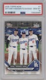 Shohei Ohtani/Yoshinobu Yamamoto/Roki Sasaki from the 2025 Topps Now set graded by PSA and given an overall grade of 10.