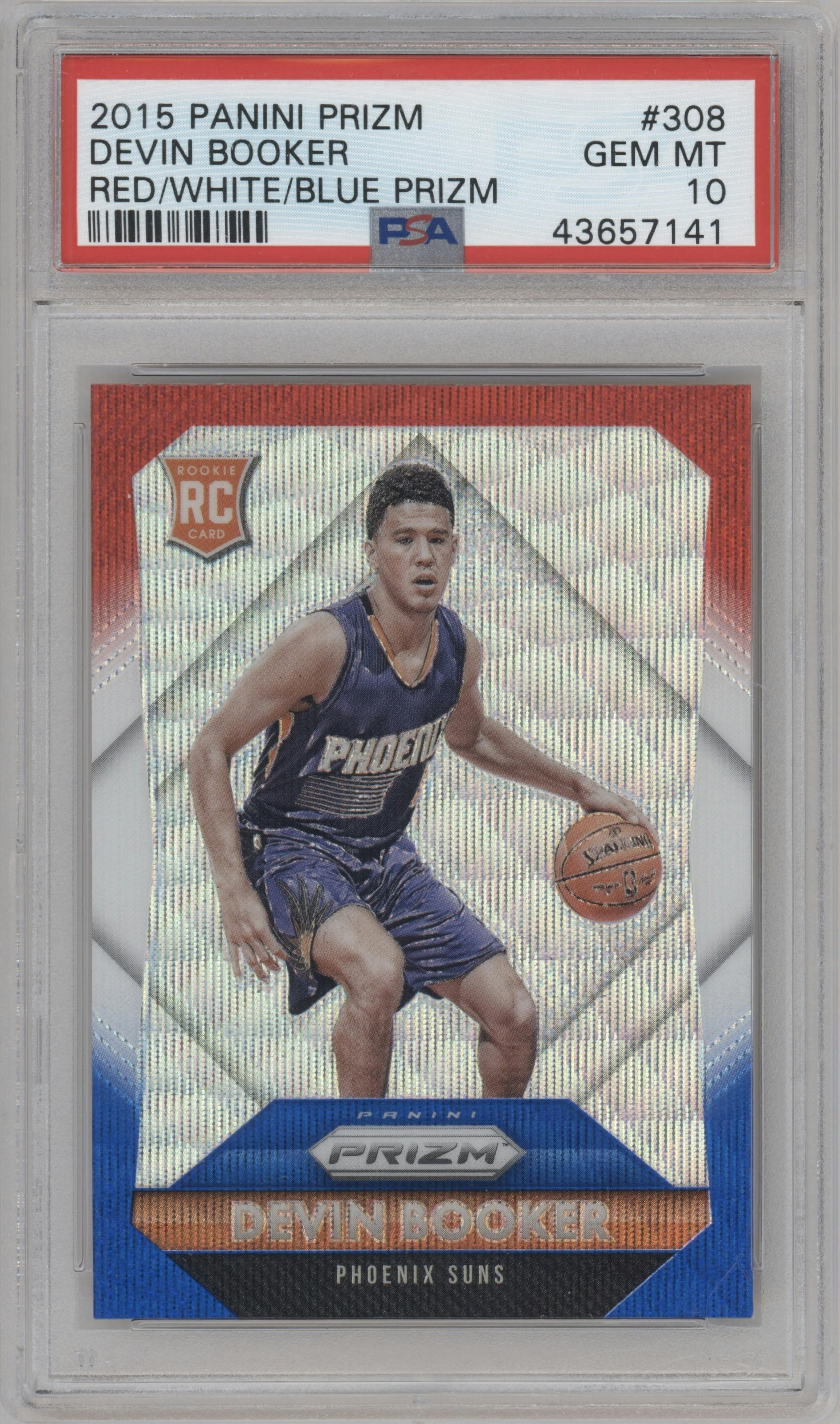 Devin Booker from the 2015-16 Panini Prizm  set featuring a Red/White/Blue Prizm parallel graded by PSA and given an overall grade of 10.
